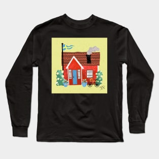 Swedish Summer Cottage with Flags - Midsommar Stuga - Yellow Background Long Sleeve T-Shirt